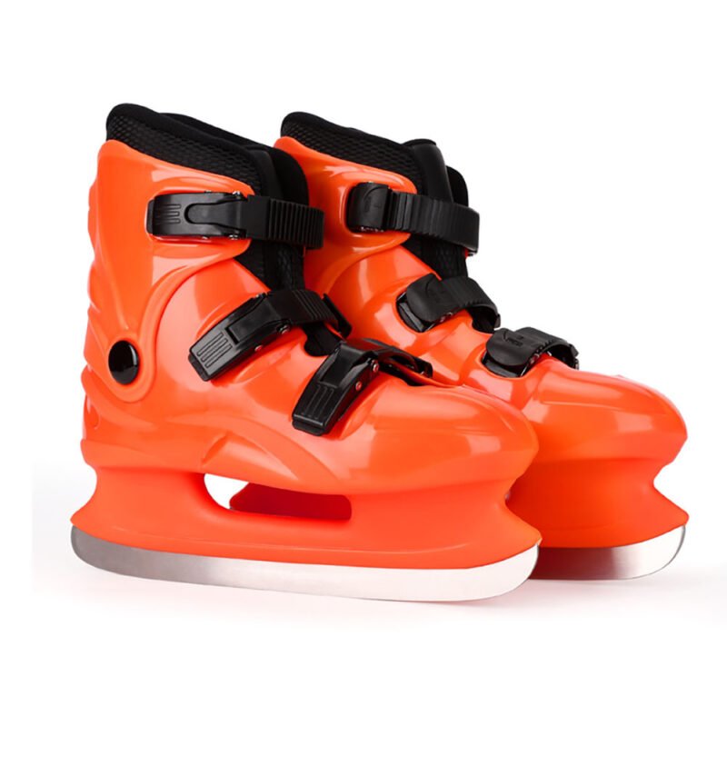 Orange hard shell ice hockey shoes